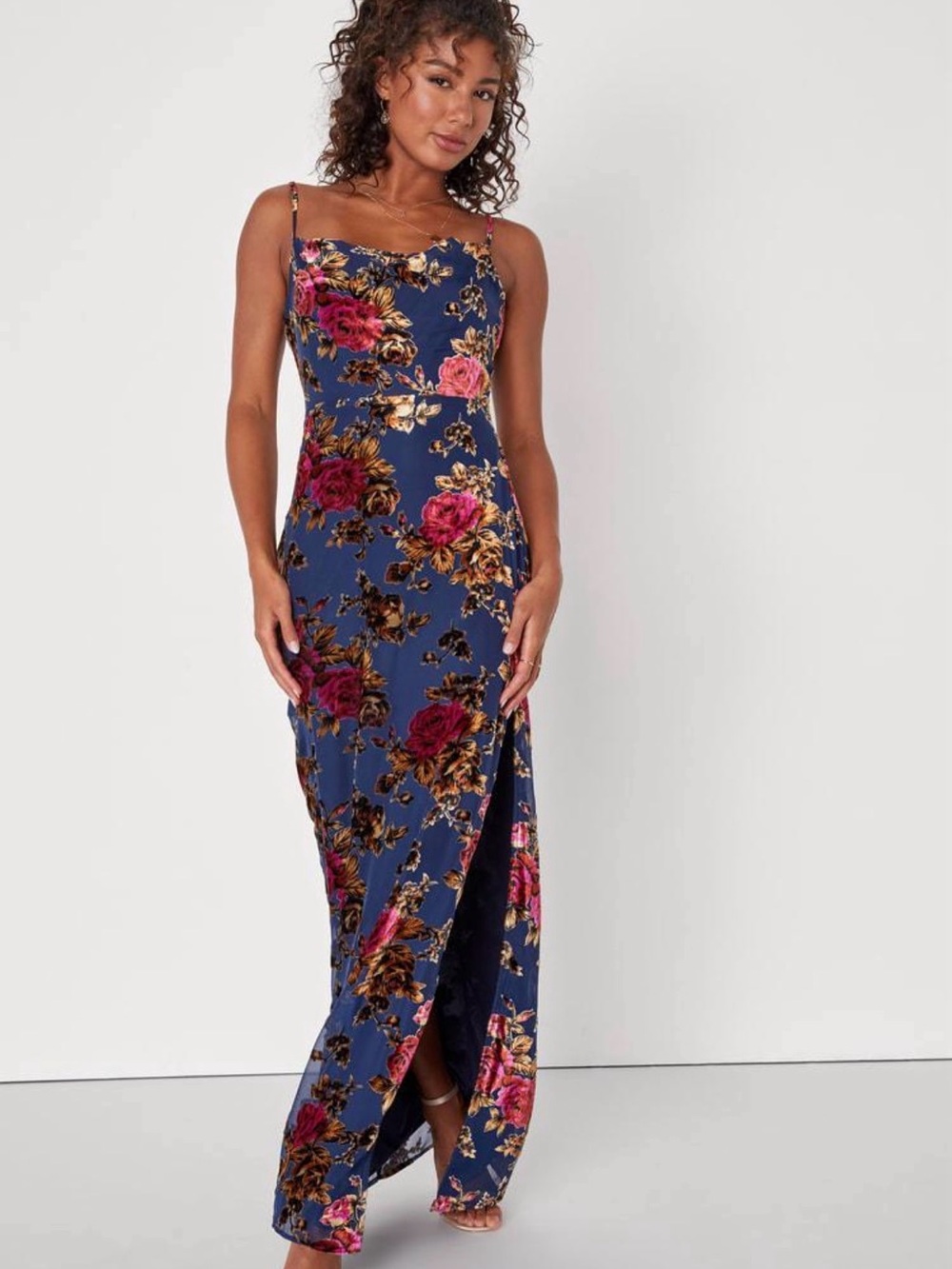 Lulu's Navy Maxi Slip Dress with Rose Floral Print